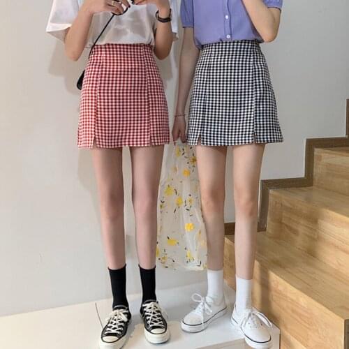Retro Split Plaid Skirt Early Spring 2021 New Thin High Waist Bag Hip Skirt Female Wild A-line Skirt Pleated Skirt Pink Skirt