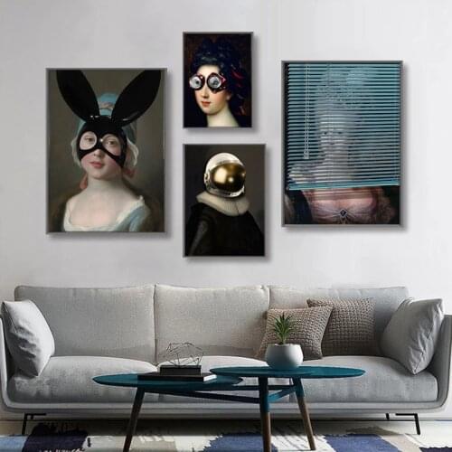 Funny Rabbit Ears Can Glasses Women Painting Modern Abstract Alien Helmet Wall Art Canvas Poster for Living Room Home Decoration