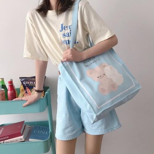 Women Canvas Shoulder Bag Cute Bear Bunny Print Handbag Casual Tote Students Books Bags Cotton Cloth Shopping Bag For Girls