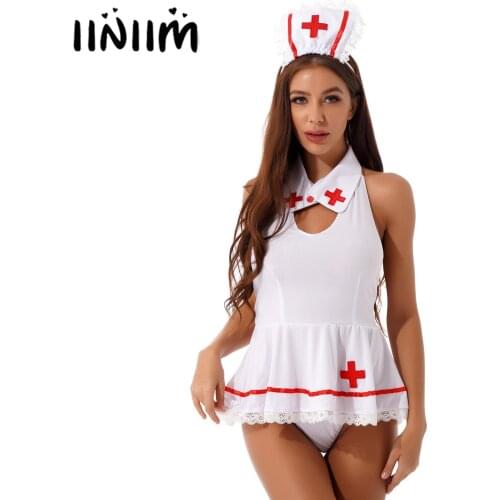 Womens Nurse Role Play Outfits Sexy Cosplay Costume Nightwear Lace Trim Backless Sleeveless Mini Dress with G-string Hair Hoop