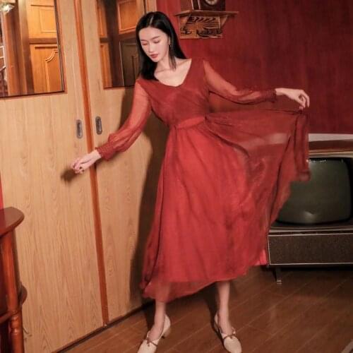 2019 new fashion womens Autumn red V-neck long sleeve dresses dress elegant