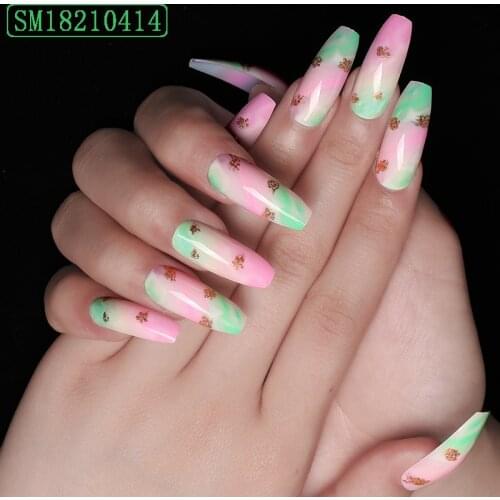 24pcs Nails Patch Glue Type with Gold leaf Long Paragraph Fashion Pink Green Gradient Manicure Patch False Nails Patch SANA889