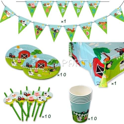 32Pcs for 10kids Farm Animals Pig Cow theme birthday party supplie tableware set, plate+cup+straw+banner+tablecover ect
