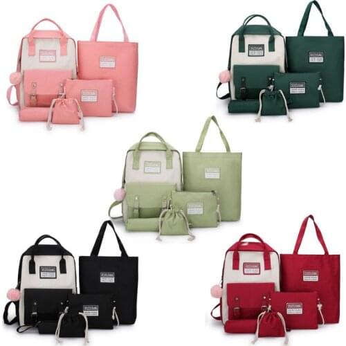 5pcs Canvas Backpack School Bookbags Handbag Shoulder Drawstring Bag Pencil Case LX9F
