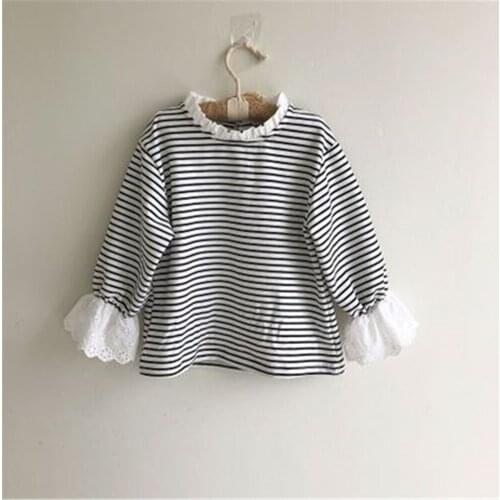 2021 Autumn Spring Children Cotton Stripe Print Bow Long Sleeve Ruffles Blouse shirt Girls Casual Tops Tee Kids Clothes Blouse