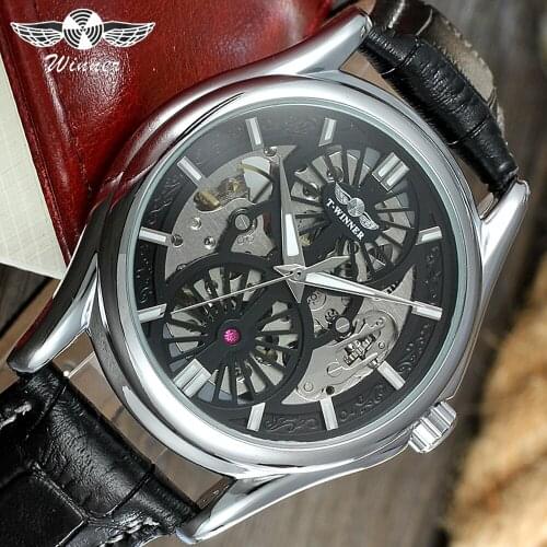 Winner Silver Case 2019 Trendy Modern Mens Automatic Wristwatches Top Brand Luxury Leather Belt Silver Case Skeleton Open Work