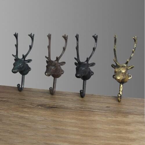 Elegant Green Rust Black Gold Colors Reindeer Head Figure Design Cast Iron Wall Hook