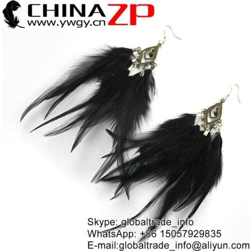 CHINAZP Factory Good Quality Dyed Black Rooster Saddle Feathers Drop Handmade Earrings for Carnival Jewelry