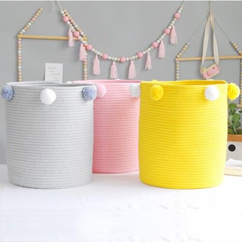 INS Nordic Cotton Rope Storage Baskets With Pompom Foldable Woven Dirty Clothes Laundry Basket Desktop Sundries Organizer Hamper