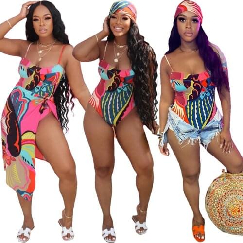 Summer Sexy Bikinis Sets with Cover Ups Spaghetti Strap Backless Bodysuit Two Pieces Sets Beach Wear Bohemian Bathing Suit 2021