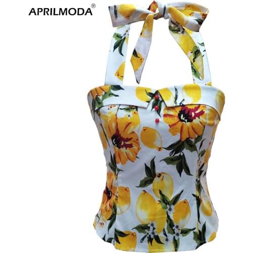 Summer Vintage 50s 60s Top Shirt Lemon Yellow White Printed Button Halter Pinup Retro Shirts Cropped Tops Shirts Rock Clothing