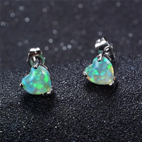 Cute Female White Blue Green Opal Stud Earrings Silver Color Heart Wedding Earrings Boho Small Double Earrings For Women