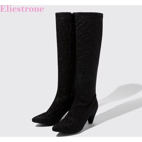 Brand New Bling Silver Black Women Mid Calf Dress Boots Fashion High Spike Heels Lady Shoes Small Big Size 10 32 43 45 48