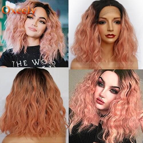 Oxeely Short Bob Lace Front Wigs Pink Color Wig Heat Resistant Glueless Short Wavy Synthetic Lace Front Wigs for Fashion Women