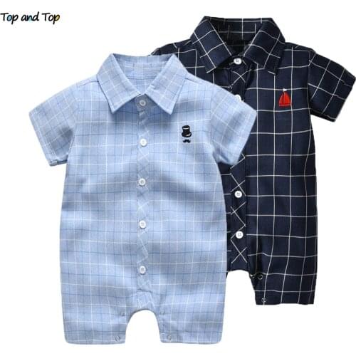 Top and top 2021 New Summer Baby Boy Gentleman Romper Infant Short Sleeve Casual Plaid Jumpsuit Toddler Boys Formal Outfits