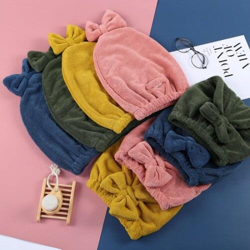Coral Fleece Turbans Strong Absorbent with Bowknot Dry Hair Cap for Women Soft Pure Color Bathroom Supplies