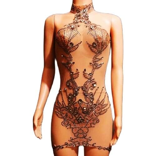Party Sexy Evening Costume Sparkling Rhinestones Pattern Printing Neck-Mounted Dresses Mesh Gauze Backless Above Knee Dress