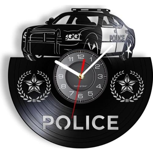 Car For Police Officers Laser Etched Vinyl Wall Clock Vehicle Police Badge Re-purposed Record Clock Hanging Decor For Police