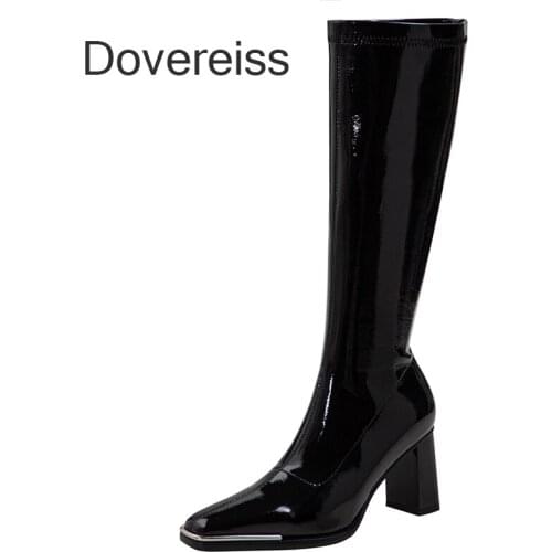 Dovereiss Fashion Womens Shoes Winter New Square Toe Elegant Back Zipper Metal Chain Concise Knee High Boots Mature 33 40 41