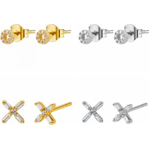 925 Silver Ear Needle Circle and X Shape Stud Earring for Women Minimalist Crystal Earrings Korean personality Jewelry Gift