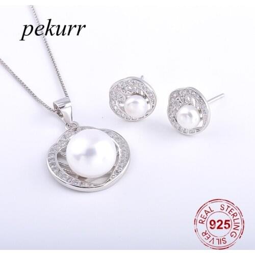 Pekurr 925 Sterling Silver Round Flower Bud Freshwater Natural Pearl Earrings Necklace Sets For Women Wedding Pendants Jewelry