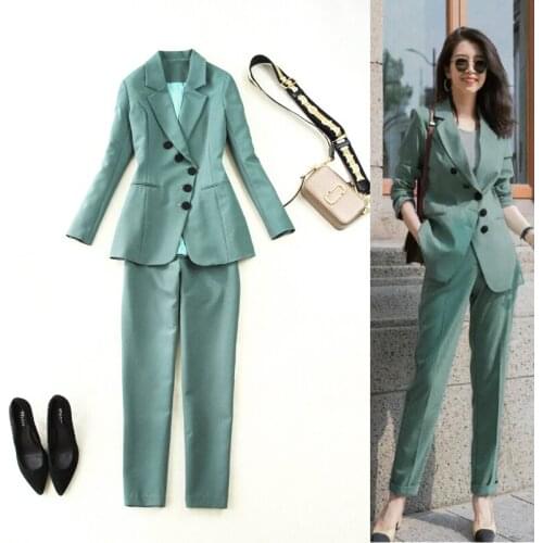 Plus size womens spring, summer, autumn and winter new OL slim long gray green suit + feet trousers professional suit pants
