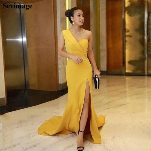 Sevintage Yellow Mermaid One Shoulder Evening Dress Satin High Split Buttons Prom Gowns Cheap Long Train Formal Women Dresses