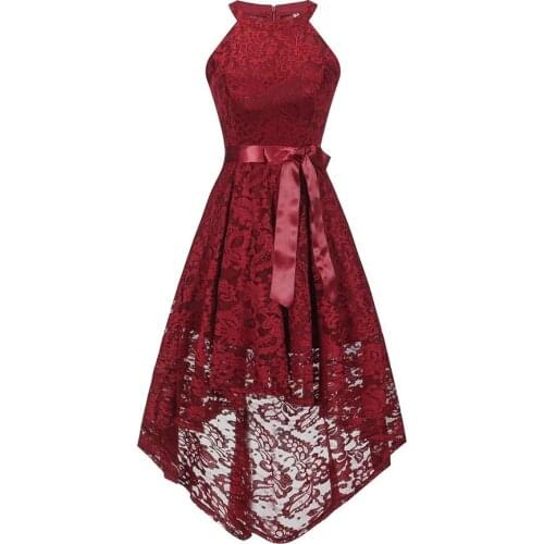 Women Vintage Dress Elegant Wedding Party Sexy Halter Sleeveless Retro Lace Aysmmetrical Dress Vestido