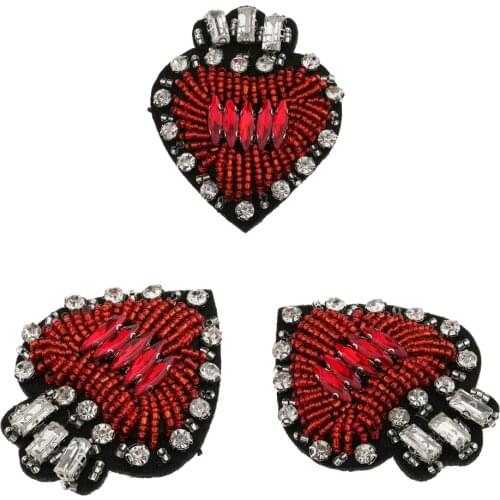 3pcs Heart Design Applique Beads Crystal Designs Diamond Rhinestone Patches