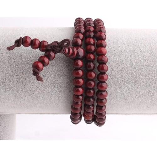 Free shipping Wood beads Dark red 6mm Three circles BALL elastic lovers Bracelets for women wholesale