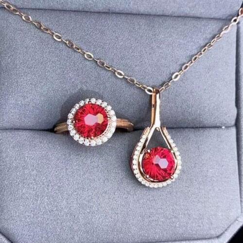 High-quality Red Topaz S925 Ring Pendant Necklace Set Classic Fine Fashion Wedding Jewelry for Women Free Shipping MeibaPJFS
