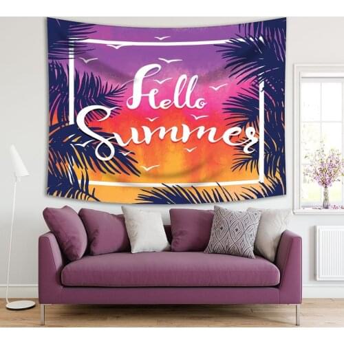 Tapestry Sunset Summer Sky Palm Trees Branches Romantic Tropical Beach Purple Orange Navy Blue Colorful Watercolor Art Printed