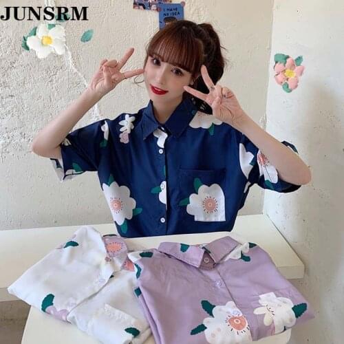 Kawaii Summer Women Shirt Hawaii Style Short Sleeve Casual Loose Chiffon Cute Print Lapel Single Boho Women Tops And Blouses