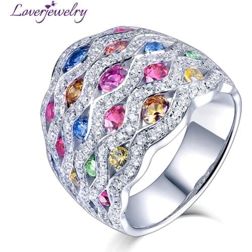 LOVERJEWELRY anillos Fine Jewelry 7.33g Solid 14kt White Gold SI Diamonds Natural Multicolor Sapphire Engagement Ring For Women