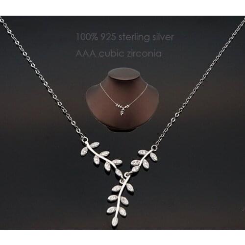 Crystal leaves pendant necklace 925 Sterling Silver Rhodium plated cz silver choker jewelry necklaces for girls
