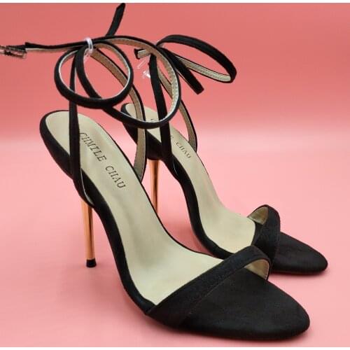 Sexy Black Suede Sandals High Heel Dress Party Women Sandals Summer New Open Toe Ankle Strap Stiletto 11cm Heels