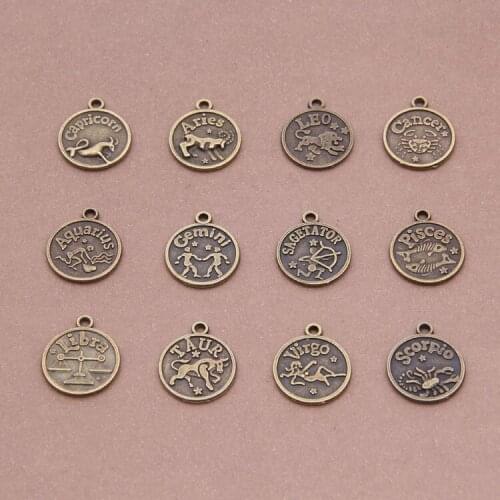Daisies (5 Sets/Lot, 12 pcs/set) 16mm Vintage Design Antiqued Bronze Twelve Constellations Metal Sign Zodiac Round Charms