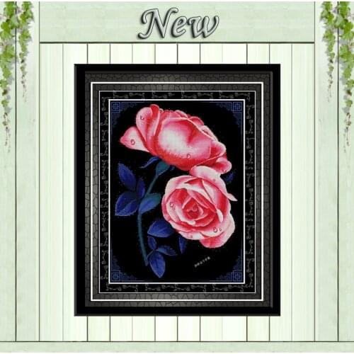 Pink rose love flower black cloth painting counted on canvas DMC 14CT 11CT Cross Stitch Embroidery kits Needlework Set unprinted