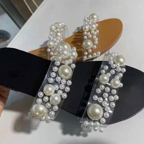 Large Summer Womens Shoes Pearl Inlaid Transparent Flat Sandals Open Toe Sandals