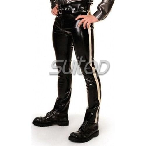 Sexy latex pants rubber trousers rubber latex panty girdle black with white line