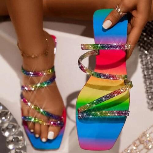Womens Slippers Rainbow Bling Platform Sandals Ladies Casual Cross Shoes Rhinestones Female Slides Flip Flops Summer Beach 2020