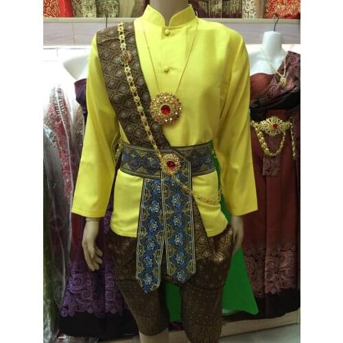 Thai Costume Vintage Shirt Yellow Stand Collar Long Sleeve Tops Bloomers Shawl Obi Traditional Clothing for Men Thailand
