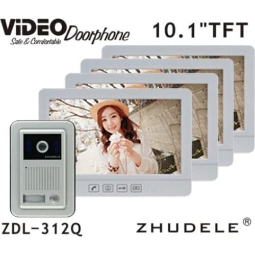 ZHUDELE New 10.1" Color Touch Screen Video Door Phone Intercom System + 4 White Monitors +1 Waterproof Outdoor Camera IN STOCK