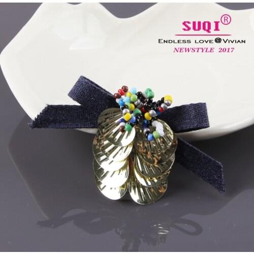 Elegant Colorful Beaded Shiny Golden Sequins Ribbon Bow Delicate Party Brooches for Women Birthday gifts