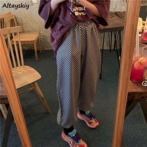 Plaid Pants Women Checkered High Waist Elastic Full Length Straight Stylish Teens Streetwear Chic Summer Couple Leisure Loose