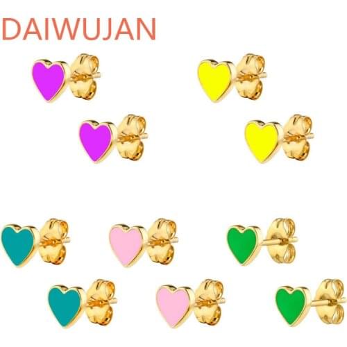 DAIWUJAN INS Hot Cute Candy Neon Color 925 Sterling Silver Enamel Earrings Green Love Heart Charm Stud Earring For Women Girls