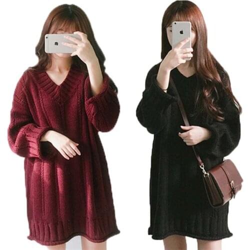 Womens autumn/winter solid-color sweater 2021 new thick Korean version loose-fitting V-neck long womens autumn fashion sweater