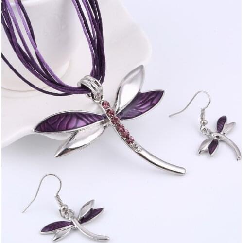 ZOSHI Leather Rope Jewelry Sets For Women Enamel Dragonfly Pendant Necklace Earrings Sets Wedding Bridal Jewellery Sets