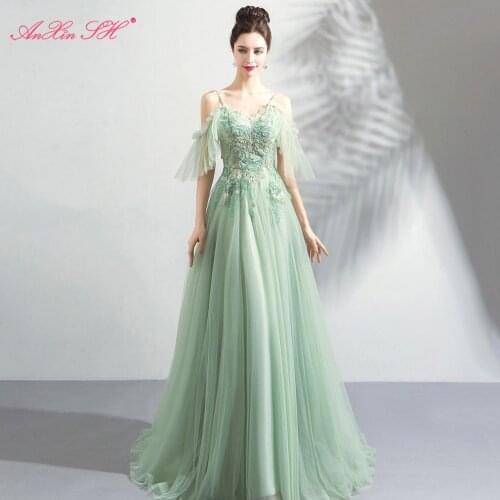 AnXin SH Princess green lace flower evening dress vintage sweetheart illusion beading crystal green flower evening dress 6898