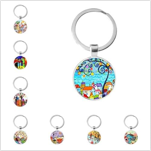 Key To The New House Keychain Oil Painting Beautiful House Under The Starry Sky Key Ring Personality Jewelry Gift for Women Men